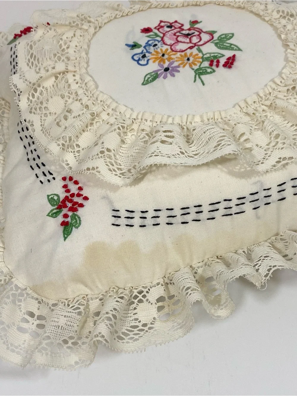 Vintage Hand-Embroidered Lace Decorative Throw Pillow - Cream with Floral Motif
